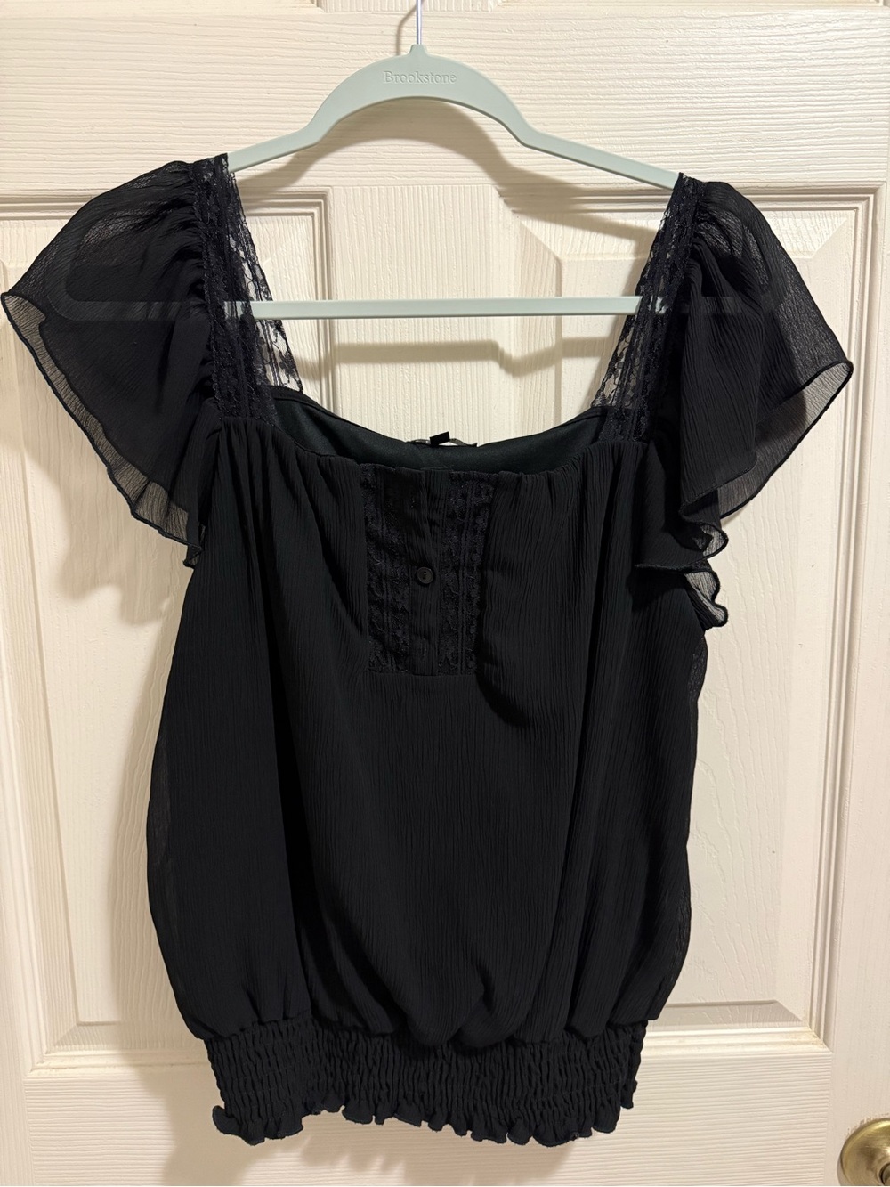 Black Lace-Trim Flutter Sleeve Blouse